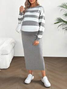 SHEIN Komplet swetrów ciążowych, sweter w paski w kontrastowym kolorze, jesień/zima, okrągły dekolt, komplet spódnic z dzianiny w jednolitym kolorze - Szary - Zobacz 4
