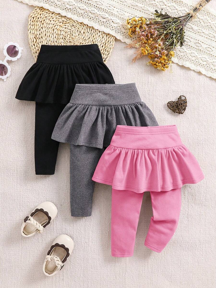 3 件套 Babygirl 可爱百搭针织弹力纯色荷叶边腰裤，秋冬 - 彩色 - 查看 1