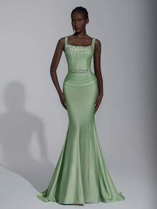 Elitara 优雅的橄榄绿色细肩带方领重饰褶饰腰部鱼尾连衣裙，适合约会、度假、毕业典礼、婚礼、正式活动 - 草綠色 - 查看 6