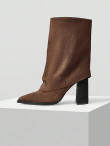 Mnmlis Women's Retro Western Style Khaki Suede Zipper Tall Boots - Brown - View 3