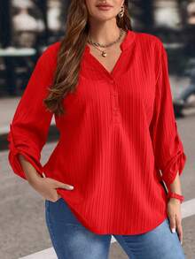 EMERY ROSE Plus Size Solid Color Notched Neck Roll Up Sleeve Casual Blouse ,Winter Clothes V Neck Blouses For Women Red Shirt Plus Size - Red - View 8