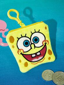 SpongeBob SquarePants | SHEIN 1 chiếc ví đựng tiền xu thêu họa tiết hoạt hình bằng vải nhung, có thể đựng tiền xu, thẻ, v.v. Túi treo - Màu vàng - Xem 2
