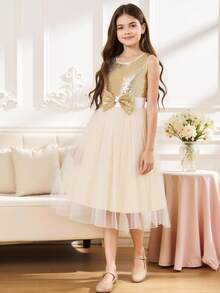 Cô gái Tween Tương phản Sequin Nơ mặt trước Lưới Hem Đầm Party Đối với Giáng sinh - Vàng - Xem 8