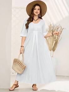 EMERY ROSE 大码女式夏季假日白色蕾丝拼接长款带口袋连衣裙