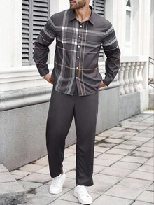 Manfinity Homme 2件套大码男士休闲长袖衬衫和纯色裤子套装 - 彩色 - 查看 1