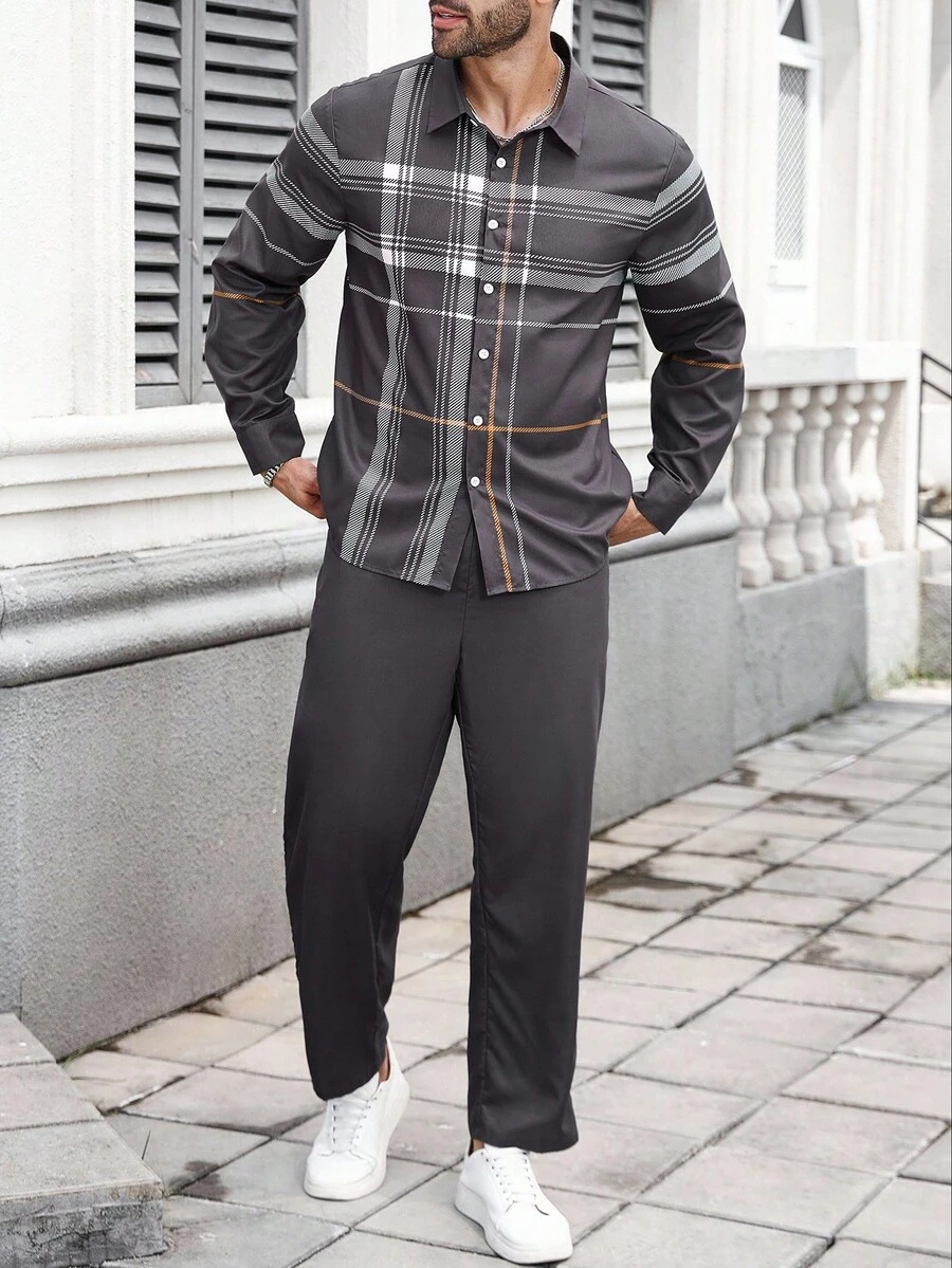 Manfinity Homme 2件套大码男士休闲长袖衬衫和纯色裤子套装 - 彩色 - 查看 1