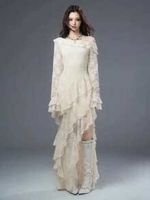 Bloopia波西米亚风优雅浪漫收腰显瘦女装秋冬万圣节精致提花不对称下摆露肩长袖连衣裙 - 杏色 - 查看 7