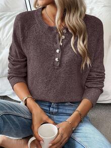 EMERY ROSE Women's New Solid Color Sweater, Half-Zip Button Knit Pullover Top, Winter - Coffee Brown - View 6