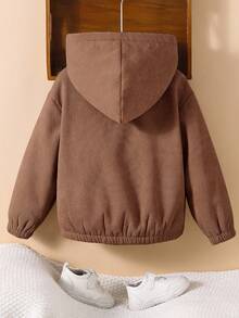 SHEIN 男童厚羊毛连帽夹克，卡其色，连帽拉链运动衫，休闲上衣，适合春、夏、秋、冬、返校、花园、海滩、生日 - 棕色 - 查看 2