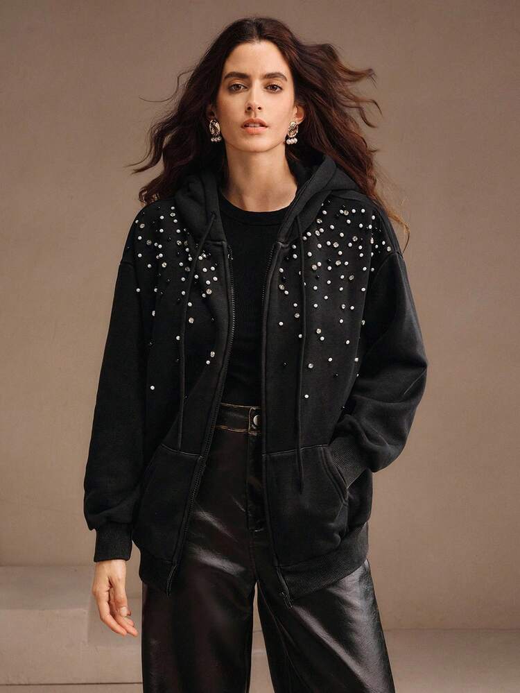 Sudadera con capucha con cremallera, con textura de felpa y adornos de copos de nieve para mujer, para otoño/invierno