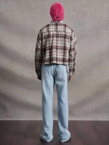 Manfinity Roghcode Men's Plaid Long Sleeve Denim Jacket & Distressed Jeans Set,Light Blue,Autumn,Streetwear,City Break,Back-To-School Single-Breasted Loose Wide Leg Suit - Multicolor - View 4