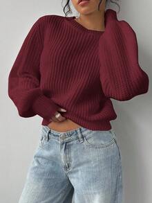 SHEIN BASICS 女士休闲纯色灯笼袖毛衣，秋冬 - 酒紅色 - 查看 4