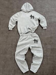 SHEIN Bolty 2pcs Tween Boy Casual Minimalist Long Sleeve Hoodie Sweatshirt And Pants Set, Suitable For Summer Fall Winter