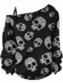 EMERY ROSE Halloween Back To School Women's Casual Artistic Skull Print Plus Size Off Shoulder Long Sleeve T-Shirt, Suitable For Autumn/Winter, Black T-Shirt, Fall Women's Clothing, Halloween Outfit Skull Top One Shoulder Top