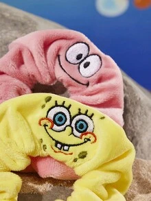 SpongeBob SquarePants | SHEIN 2Pcs Cute Embroidered Short Plush Hair Scrunchies Cartoon Large Intestine Hair Bands Elastic Hair Ties Hair Accessories For Everyday, Casual Suitable For Daily Styling High Ponytails In Yellow And Pink Patrick