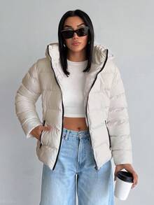 EURMUSE Contrast Zipper, Hooded, Padded, Winter Coat - White - View 3