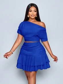 SOLERSUN 大码夏季服装 夏季服装 女式演唱会服装 狂欢服装 节日度假服装 商务休闲 女士沙滩装 女士度假服装 女士办公室服装 复古风 波西米亚风格 女士端庄优雅派对日间装 杏色针织不对称领口褶皱两件套 热带狂欢服装 节日音乐会服装 - 寶藍色 - 查看 4