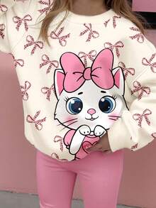 SHEIN 2 件套少女奶油白和奶油粉，可爱卡通猫咪，豹纹蝴蝶结印花宽松厚实柔软圆领长袖运动衫和紧身裤，秋冬装秋季衣服 - 彩色 - 查看 4