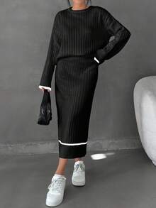 EURMUSE Women Striped Detailed Sweater Long Skirt Set Co-Ords - Black - View 4