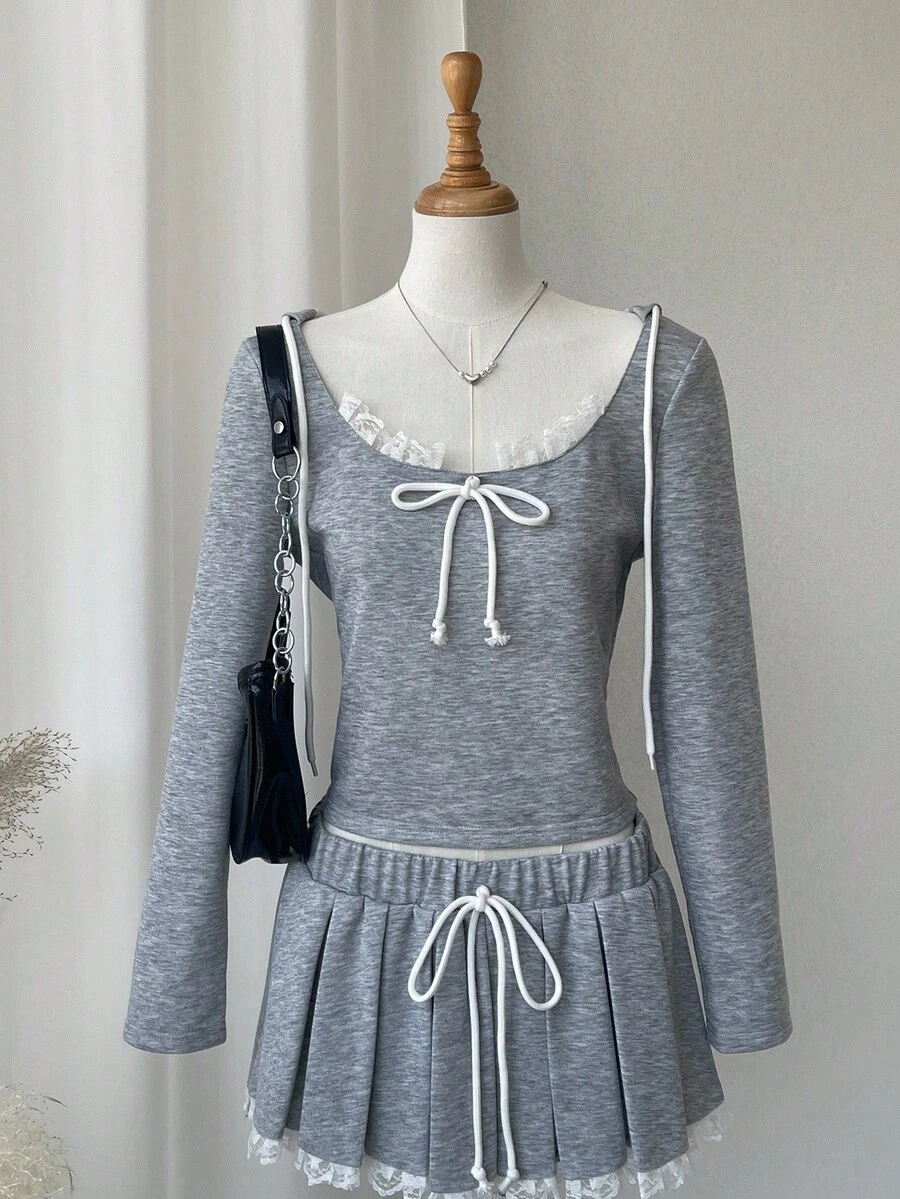 Comfortcana Set de top con capucha con decoración de lazo y falda plisada para mujer, 2 piezas - Gris - Ver 1