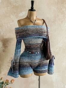 Soleia Casual Off Shoulder Flare Sleeve Tie Up Romper, Vintage Ombre Color, Autumn/Winter Off The Shoulder Playsuit Fall Women Clothes Winter Clothes  Korean Style  Sweaters For Women Fall Outfits For Women Off The Shoulder Bohemian Clothes For Women Sweater Jumpsuits - Multicolor - View 3