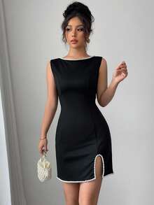 Elenzga Váy mini cổ tròn không tay đan thanh lịch có trang trí ngọc trai giả, dáng ôm, thiết kế xẻ tà, đen/trắng, thích hợp để đi chơi, hẹn hò, tiệc tùng, ngày lễ tình nhân, mùa xuân - màu đen - Xem 5