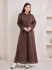 Veilorie 女式秋季撞色条纹字母印花长款连帽卫衣连衣裙 - 棕色 - 查看 6