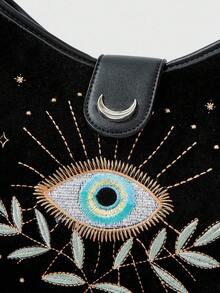 ROMWE Fairycore Women's Casual Shoulder Bag With Eye Embroidery Design, Suitable For Daily Commute - Black - View 8