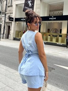 NegzBox Solid Button Front Vest Blazer & Shorts - Baby Blue - View 2