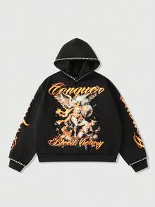 ROMWE MEN Street Life Men's Glitter Diamond Angel Letter Print Hoodie, Vintage Street Style, Fall - Black - View 1