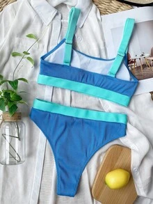 Swim Vcay Rib Colour Block Bikini Swimsuit - Blue - View 2