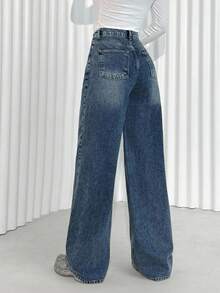 EURMUSE JEANS DE PIERNA ANCHA Y CINTURA ALTA PARA MUJER - Azul lavado medio - Ver 2