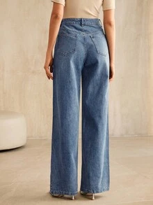 Anewsta Fashionable Rhinestone Embellished Straight Leg Blue Jeans For Women - Blue - View 2