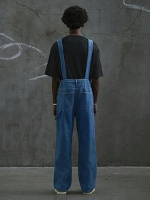 Manfinity ZONE917 Men's Casual Star Print Washed Blue Denim Bib Overalls, Streetwear Style, All Season Punk Regular Washed Blue Baggy Vacation Party For Thrashed Denim - Blue - View 2