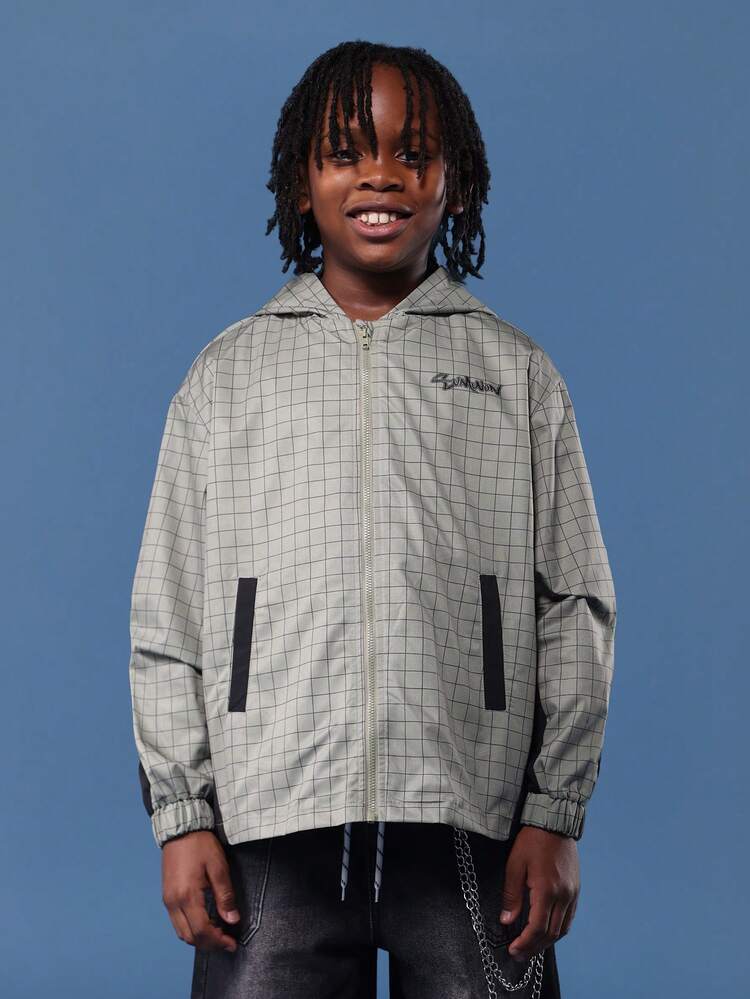 Grid Pattern Windbreaker Jacket With Hood And Zip Pockets