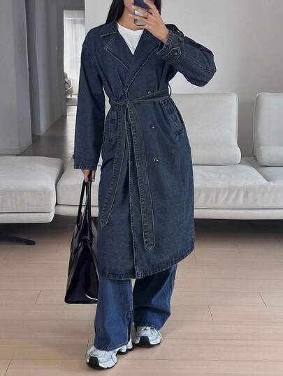 DAZY 女式长款系带休闲牛仔夹克，宽松都市风格