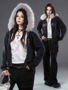 Bloopia韩国街头亚文化休闲时尚个性焕新女装秋冬万圣节新款星星水钻拼接宽松拉链连帽外套 - 黑色 - 查看 1