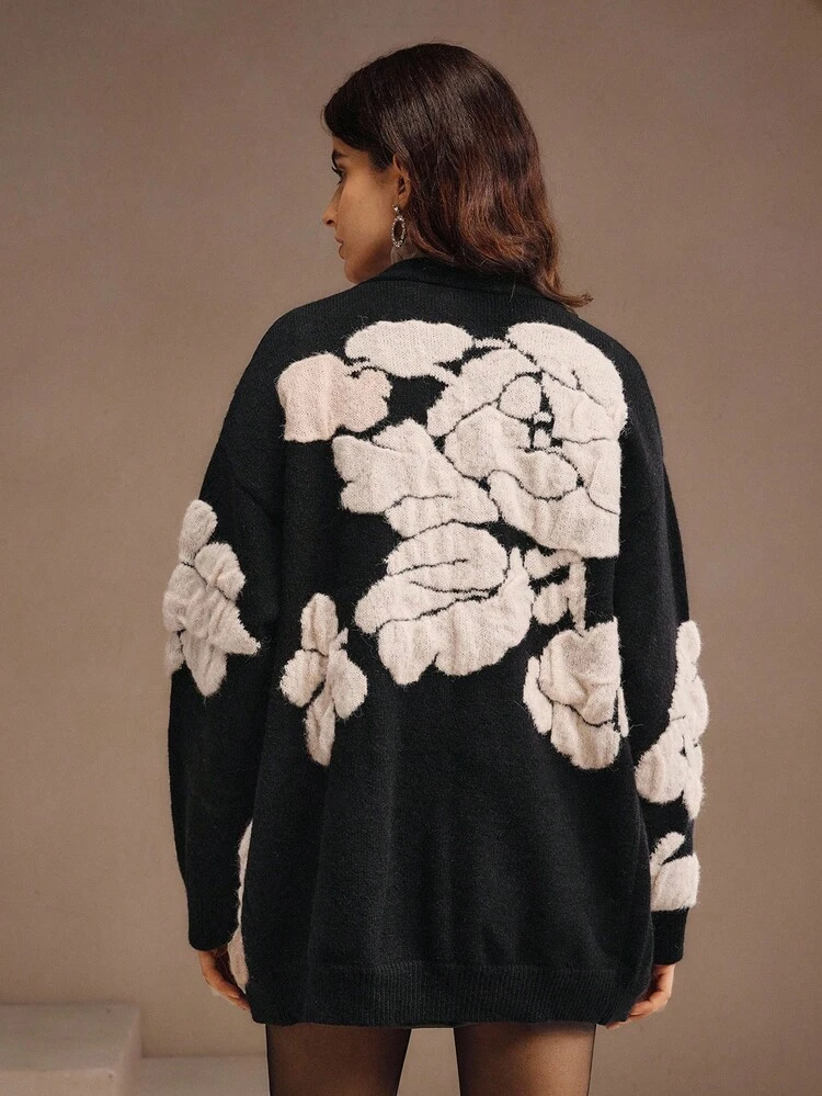 Vintage Elegant Loose Fit Jacquard Floral Cardigan, Mid-Length, Wool, Autumn/Winter