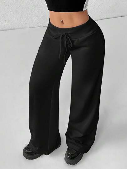 SHEIN PETITE Comfortable And Casual Plain Knitted Low-Rise Wide-Leg Women's Sweatpants Wide Leg Sweatpants Flare Sweat Pants Wide Leg Pants Black Flare Pants Women Pants Wide Leg,Fall