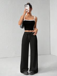 SHEIN PETITE Comfortable And Casual Plain Knitted Low-Rise Wide-Leg Women's Sweatpants Wide Leg Sweatpants Flare Sweat Pants Wide Leg Pants Black Flare Pants Women Pants Wide Leg,Fall - Black - View 4