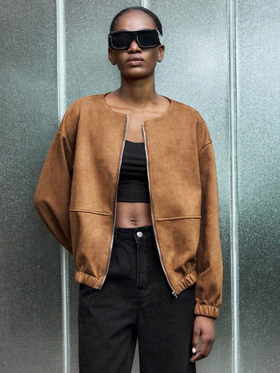 Lumivelle Chaqueta bomber de mujer con dobladillo de burbuja - Marrón - Ver 1