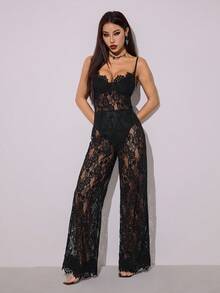 SHEIN PETITE 纯黑色性感透明蕾丝连体裤，优雅女士内衣，日常约会装，外出装，派对装，不对称阔腿连体裤，情人节连体裤，休闲连体裤，优雅连体裤 - 黑色 - 查看 4
