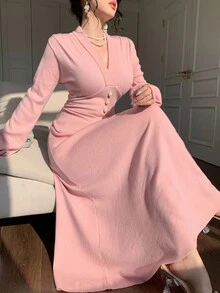 DAZY Robe pull élégante à encolure en V et taille cintrée pour femmes - Rose bonbon - Voir 4