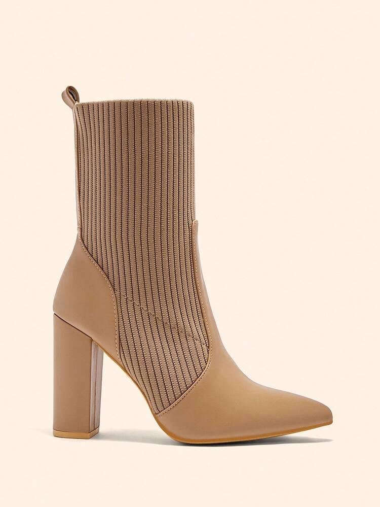 CUCCOO BASICS Women's Fashion Fabric Elastic Pointed Toe Chunky Heel Mid-Calf Boots, Suitable For Commuting, Dating, Party, Holiday For Christmas