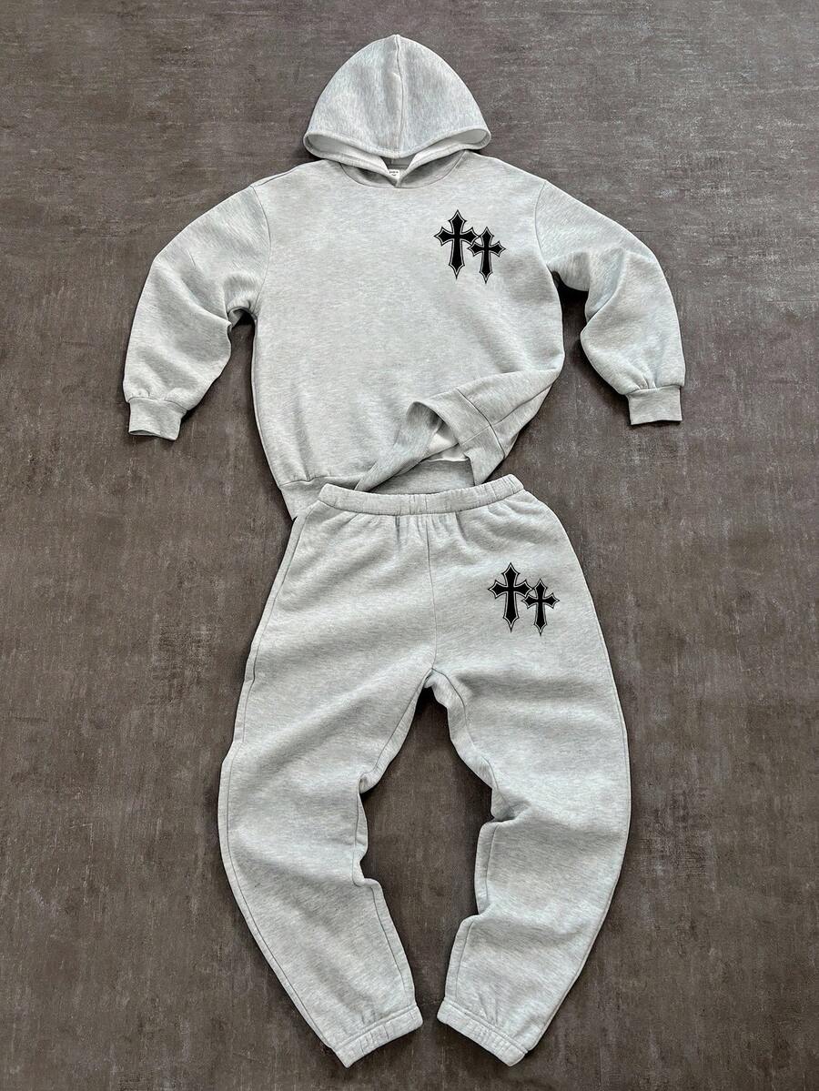 SHEIN Bolty 2pcs Tween Boy Casual Minimalist Long Sleeve Hoodie Sweatshirt And Pants Set, Suitable For Summer Fall Winter