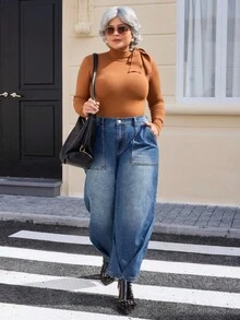 EMERY ROSE 大码休闲阔腿纽扣口袋牛仔裤 - 深色水洗藍 - 查看 1