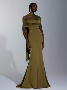 Elitara 优雅、浪漫、性感、时尚、绿色、弹力缎面、鱼尾下摆、拖尾、网红、节日、度假、生日派对、婚礼活动、伴娘礼服 - 軍綠色 - 查看 8