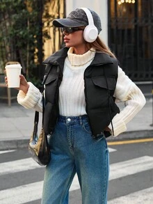 RueChic Gilet trapuntato con collo alto, laccio stringato al petto, tasche con patta e chiusura lampo - nero - Visualizzare 7