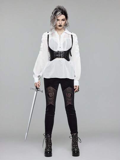 EDITION Blouse à manches longues vintage gothique pour femmes avec laçage et manches bouffantes transparentes