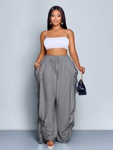 SOLERSUN 大码女式纯色休闲宽松口袋抽绳裤 - 灰色 - 查看 3